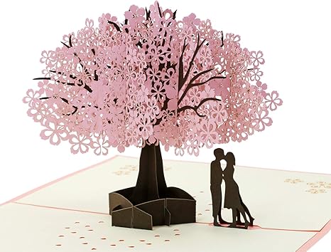 Handmade Cherry Blossom Card Pop Up 3D Flower Romantic Love Letter Greeting Anniversary Wedding Valentine Birthday Gift Card Blank Stationery Paper for Her Him Husband Wife