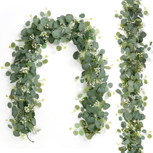 2 PCS Artificial Eucalyptus Garland 5.9FT Faux Silver Dollar Greenery Garland Vines with White Flower Boxwood Fake Hanging Plants for Wedding Home Party Table Mantle Wall Decor