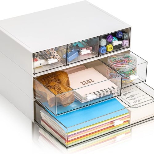 1 3 Tier Small Desk Organizer with Drawer, Stackable Desktop Storage Box, Portable Size Office Supplies Jewelry Storage Case, Makeup and Stationary Organizer for Cosmetic, School Supply