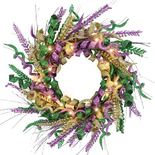 1 Mardi Gras Wreath Decorations, 16 Inch Wreaths Decor for Front Door with Glittered Purple, Green, and Gold, Large Mardi Gras Wreath for Home Outdoor Party Carnival
