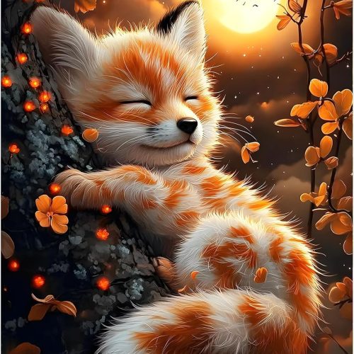 1 5D Cute Fox Diamond Art Kits, Round Full Drill Sparkling Fantasy Fox Diamond Painting Picture, Moonnight Painting by Numbers Art Kits for Adults Beginners Home Wall Decor 12x16 inch