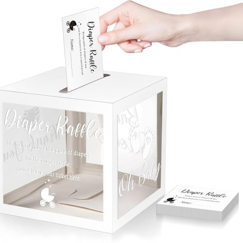 1 51 Diaper Raffle Tickets with Box for Baby Shower Game Invitations Diaper Raffle Card for Gender Reveal Baby Shower Party Decoration Table Centerpiece(Clear White)