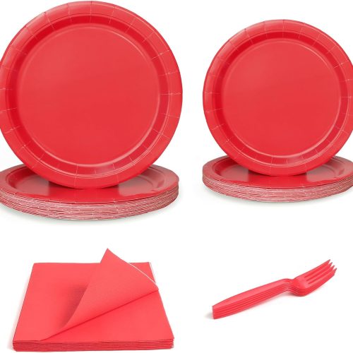 1 96 Pcs Party Plates, Red Paper Plates and Napkins, Disposable Tableware Set, Party Supplies for Kids Birthday Baby Shower Wedding Picnic, Serve for 24 Guests