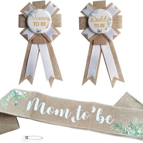 1 Sage Green Baby Shower Mom to Be Sash & Dad to Be Badge Set for Gender Reveals Party Decorations Mommy to Be Sash Baby Shower Photo Props Pregnant Mommy Gift