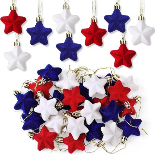 1 72 Pcs Christmas Velvet Star Ornaments 1.18 Inch Mini Red White Blue Star Shaped Holiday Hanging Ornaments for Xmas Tree Decoration Holiday Party Supplies