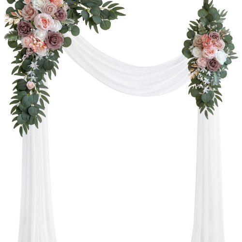 1 Dusty Rose Artificial Wedding Arch Flowers Kit (Pack of 3) with 26Ft White Shiny Arch Draping Fabric for DIY Wedding Party Ceremony Reception Backdrop Floral Decoration