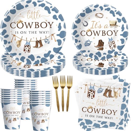 1 Western Cowboy Baby Shower Decorations Tableware - Wild West Rodeo Little Cowboy Baby Boy Table Decorations Party Supplies, Paper Plates and Napkins Set, Cup, Fork | Serves 24