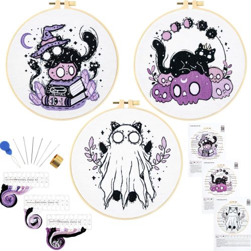 1 Halloween Embroidery Kit for Beginners Adults, Skull Cat Stamped Cross Stitch Kit for Adult Beginner, Gothic Ghost Hand Embroidery Needlepoint Kits, 3 Set Embroidery Hoops and Video Tutorial
