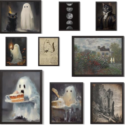 1 Ghost Decor, 9pcs Ghost Prints Wall Art Funny Black Cat Ghost Canvas Wall Decor, Dark Academia Room Decor, Creepy Bat Print Scary Picture Gothic Wall Decor For Bedroom (Unframed)