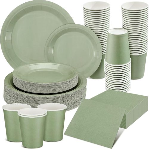 1 200 Pcs Sage Green Paper Plates and Napkins Set, Disposable Dinnerware Includes 7'' & 9'' Paper Plates, Cups, Napkins for Birthday, Baby Shower, Wedding Party(Sage Green)