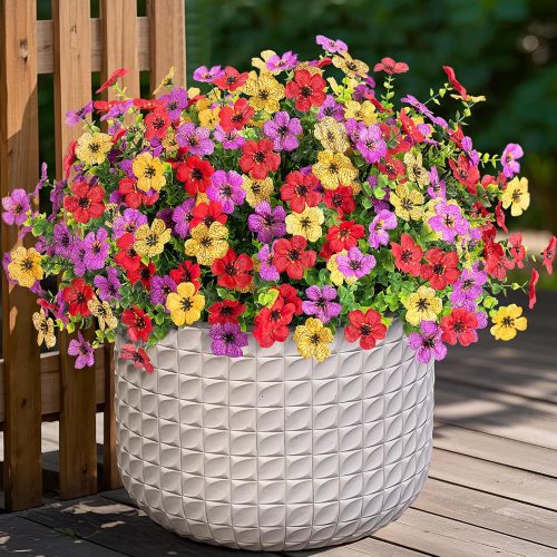 1 Artificial Flowers for Outdoors Potted Spring Decor, 12 Bundles Fake Summer Daisy with Realistic Eucalyptus Leaves, Faux Plants for Greenery Boxwood Porch Patio Garden Pot Lawn(Red Purple Yellow)