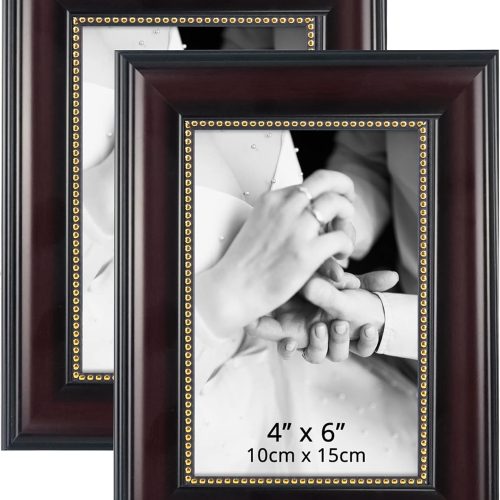 1 4x6 Picture Frames, Real Glass, Display Photos for Wall or Tabletop, Mahogany with Gold Beads, 2-Pack