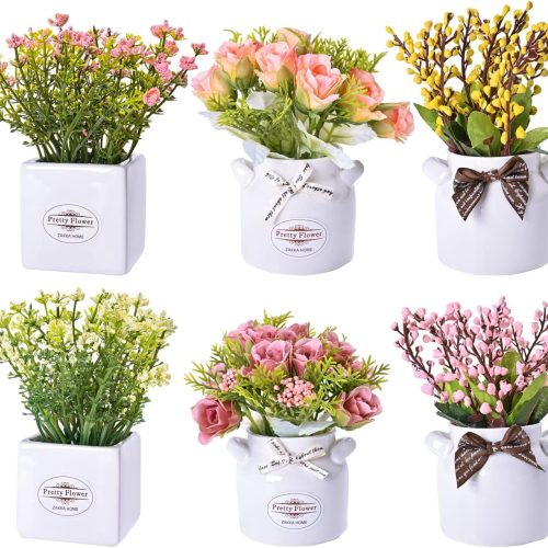 1 6Pcs Artificial Flowers with Ceramic Pot Fake Flower Arrangements Small Faux Spring Flowers in Vase Home Spring Decor, Centerpiece Table Decorations for Farmhouse Office Shelf Dining Table