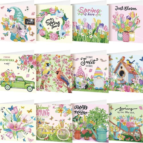 1 12 Pack Spring Diamond Painting Greeting Card Kits Easter Diamond Art Cards with Envelopes Gnome Tulips Flowers 5d Rhinestones Painting Kits for Adults DIY Crafts Family Friend Spring Gifts
