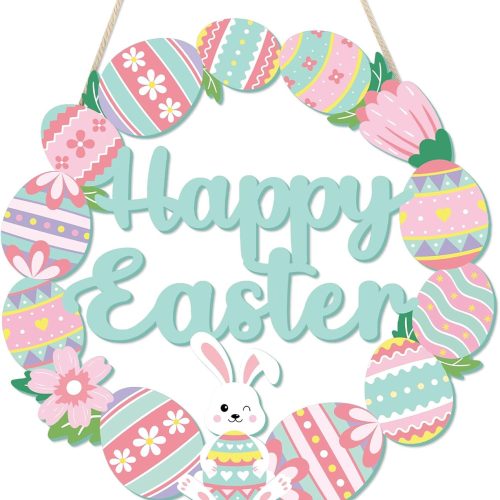 1 Happy Easter Decorations Sign, Bunny Eggs Wood Wreath for Front Door Porch Window Wall Hanging Decor, Pink Green Spring Decoration for the Home (Bunny Egg)