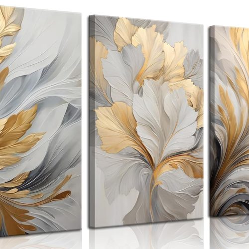 3Pcs Modern Abstract Golden White Leaves Canvas Wall Art Neutral Botanical Wall Decor Pictures Luxury Posters Prints for Living Room Bedroom Office Home...