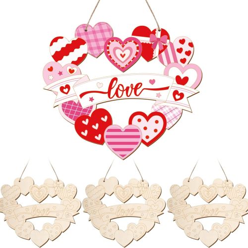 Paintable Valentines Ornaments 3 Sets, Wooden Valentines Ornaments to Paint, Unfinished Love Signs Wreaths Wood Crafts for Painting, Wooden Cutouts DIY Wood Crafts for Kids Adults Door Decor (Love