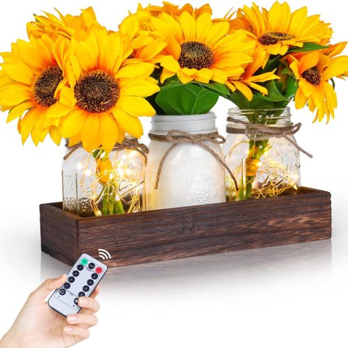 Mason Jar Lights Table Centerpiece Decoration for Dining Room Living Room Kitchen Decor Wood Tray with 3 Jars Sunflower Farmhouse Coffee Centerpieces Table Decor