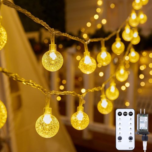 1 Globe String Lights - Plug in 33 ft 100 LED Crystal Globe Fairy Lights with 8 Lighting Modes and Remote for Patio Yard Porch Garden Pool Tent Beach Bedroom Wedding Party Decor, Warm White