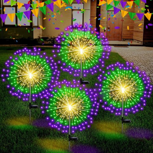 1 4 Pack Valentine's Day Solar Firework Lights Decorations Garden Pathway Solar Power Light Stake Waterproof with 180 LED 8 Modes for Valentine's Day Mardi Gras Decoration(Green, Yellow, Purple)