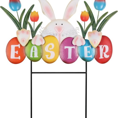 1 Easter Decorations Outdoor, Easter Letter Bunny Decorative Garden Stakes with Flowers, Metal Colorful Yard Signs for Outside Garden Porch Lawn Backyard Decorations