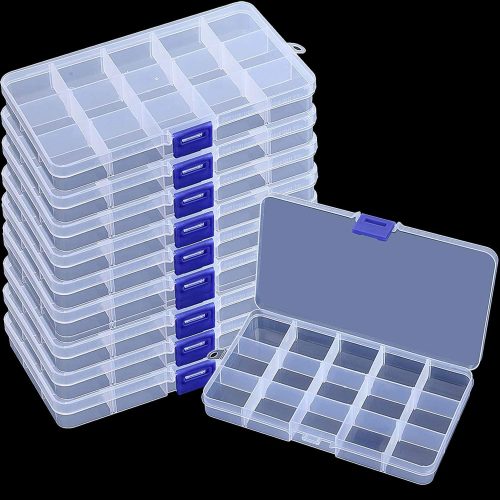 10 Pack 15 Grids Plastic Bead Organizer Containers Storage, Adjustable Dividers Diamond Jewelry Craft Painting Storage Case, Clear Small Fishing Tackle Box for Sewing Cross Stitch Accessories