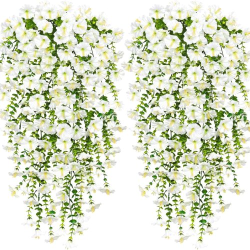 Artificial Fake Hanging Flowers Plants for Outdoor Decoration 2PCS Faux Silk Morning Glory Flowers UV Resistant Hanging Plants for Home Porch Patio Garden Planter Decor (White, 2PCS)