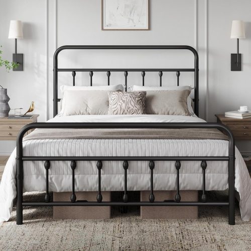1 Classic Metal Platform Bed Frame Mattress Foundation with Victorian Style Iron-Art Headboard/Footboard/Under Bed Storage/No Box Spring Needed/Queen Size Black