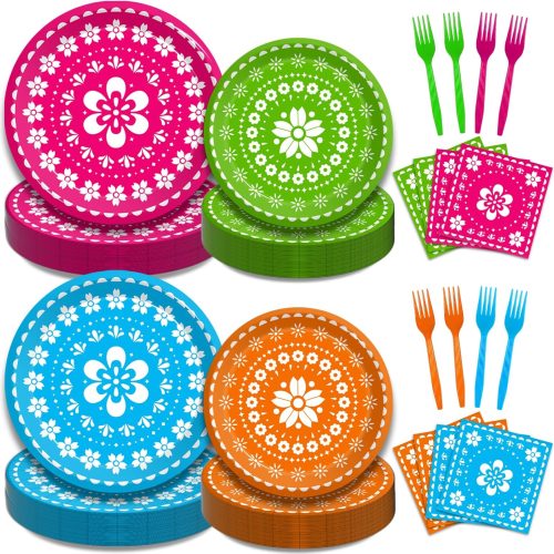 200Pcs Fiesta Party Plates, Mexican Cinco De Mayo Party Decorations Supplies Mexican Papel Picado Disposable Paper Plates Napkins for Taco Carnival Birthday Baby Shower Tableware, Serves 50