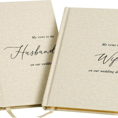 Hard Cover Vow Books (Set of 2) - Cream Canvas Linen Foil Embossed Wedding Ceremony Vow Renewal Speech Books, Couple Gifts for Engagement (to My Husband/Wife)