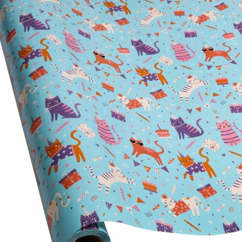Cat Wrapping Paper 17 inch X 10 ft Mini Roll for Girls and Boys, Cool Cute Blue Kitten Pattern, Kids Happy Birthday Gift Wrap Paper, Suitable for Cat Lovers, Birthdays, Parties, Baby Showers