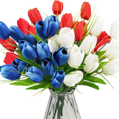 Patriotic Artificial Tulip Flowers, 13" Fake Red White and Blue Memorial Tulips Bouquet 4th of July Memorial Day Cemetery Flowers Arrangements for Grave Vase Home Party Decor