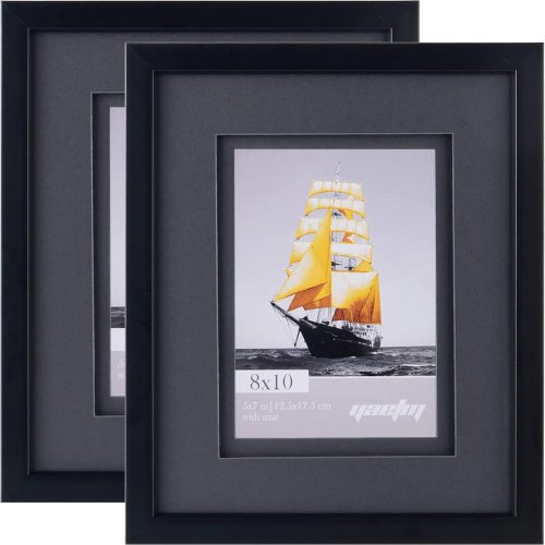 8x10 Double Floating Mat Picture Frame Set of 2, Display Picture 5x7 with black Double Mat, Polished High Definition Real Glass, Tabletop & Wall Mounting Photo Frames, Black