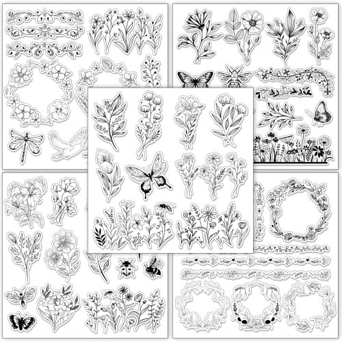5 Sheets Wildflower Clear Stamps Floral Leaves Butterfly Silicone Transparent Stamps for DIY Craft Card Making Scrapbooking Embossing Album Decor