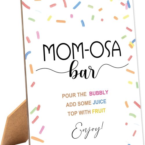 Sprinkle Baby Shower Mom-osa Bar Sign, Table Decor Baby Shower Sign, Pack of 1 Wooden Tabletop Sign with Stand, Baby Shower Decoration, Gender Neutral - MG07