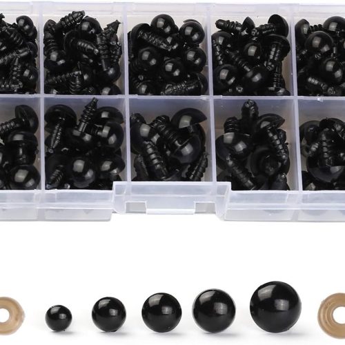 100PCS 6mm-12mm Solid Black Eyes with Washers, Sewing for DIY of Puppet, Plush Animal Making and Teddy Bear