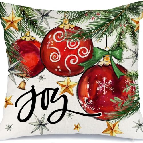 Christmas Pillow Cover 18X18 Inch Baubles Christmas Tree Stars Joy Decoration Holiday Farmhouse Winter Pillow Case for Sofa Couch Decor（Red） AA613-18