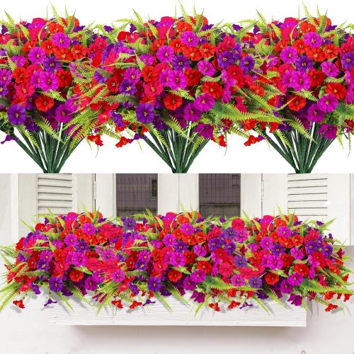 Artificial Flowers for Outdoors 12 Bundles Artificial Petunias Fake Flowers UV Resistant Shrubs Plants with Fern for Indoor Outside Hanging Planters Home Garden Spring Summer Decorations