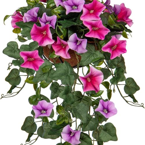 1 Fake Hanging Flowers with Basket, Artificial Morning Glory Hanging Plants Faux Spring Flowers for Outdoor Front Door Patio Garden Balcony Home Decoration(Pink Purple)