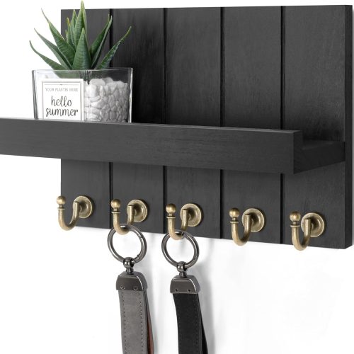 Vision Farmhouse Key Holder for Wall - Modern Key Racks for Wall Decor Living Room and Mail Organizer with Shelf for Apartment Essentials - Home Decor Aesthetic (Black, 3.54"D x 10"W x 7.28"H)
