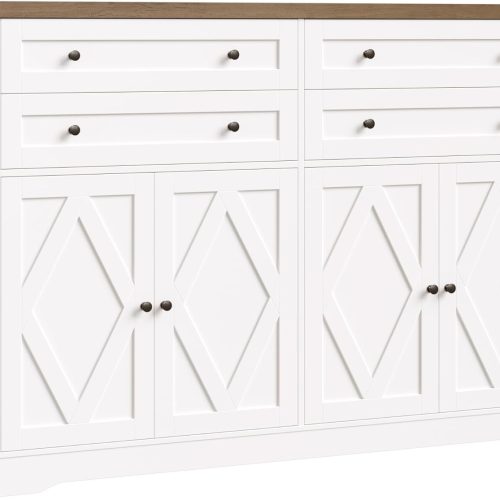 55" Coffee Bar with 4 Large Drawers, 40" Tall Buffet Cabinet with Storage, Kitchen Storage Cabinet, Modern Farmhouse Sideboard Buffet, Adjustable Shelves for Living Room, White