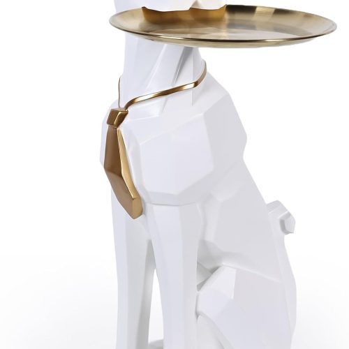 Resin Dog Side Table With Tray, Butler Statue Tissue Box, Accent End Table, Unique Sculpture, Geometric Statue, Funky Furniture for Home Decor Modern (White)