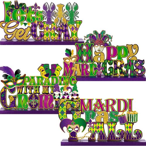 4 Pcs Mardi Gras Table Decoration Signs Mardi Gras Table Centerpieces Let the Good Times Roll Sign Wooden Masquerade Decorations for Dinner Party New Orleans Style Party(Stylish)