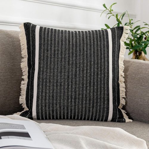Modern Throw Pillow Cover with Tassels, Decorative Liana Fringe Accent Cushion Case, Farmhouse Woven Pillowcase for Sofa Chair Couch Bed Decor (Lumbar 20 x 20 Inches, Black)