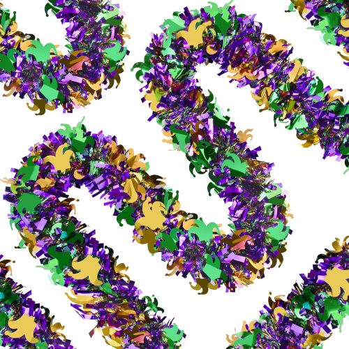 50 Ft Mardi Gras Glitter Tinsel Garland Purple Green Gold Metallic Streamers with Joker Pattern Glittering Hanging Decoration for Mardi Gras Carnival Parade Car Indoor Outdoor Home Party Décor