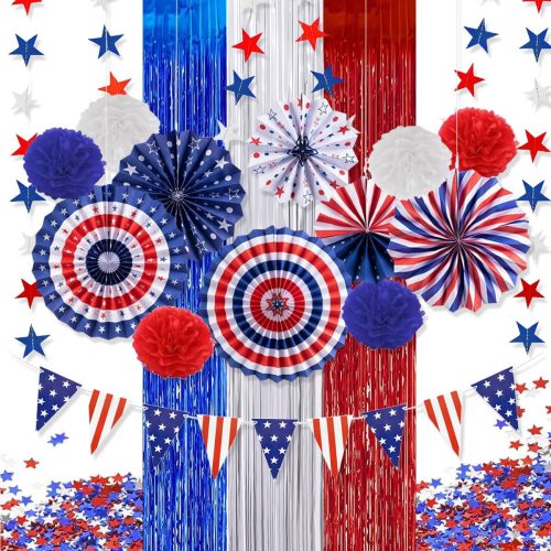 July 4th Party Decoration Set, Fourth of July Red White Blue Paper Fans, USA American Flag Pennant, PomPomPoms Flower, Foil Tassel Curtains, Star Ribbon, Independence Day Party Supplies-01