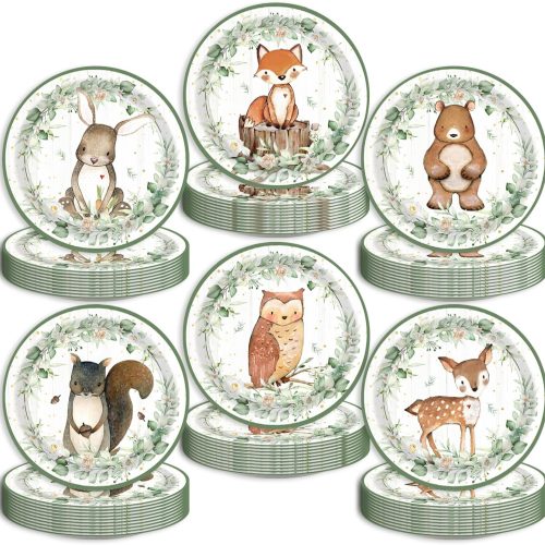 60Pcs Forest Animals Party Plates for 60 Guests Safari Jungle Wild Animal Plates Party Decorations for Boys Girls Baby Shower Birthday Party Supplies