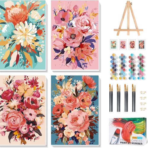 4 Pack Framed Paint by Numbers Kit for Adults with Wooden Easel, Flowers Paint by Numbers with Frame for Beginner, Flowers Adult Paints by Number Kits on Canvas Framed for Wall Decor 8 x 12 Inch