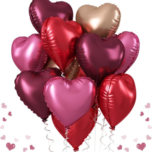 Wine Red Heart Balloons, 18 Inch 12 Pcs Burgundy Red and Pink Foil Heart Balloons Red and Rose Gold Heart Shape Mylar Balloons Party Decoration for Birthday Wedding Valentines Anniversary