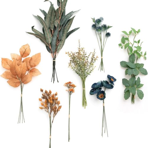 Artificial Greenery Stems Box Set, 41pcs with 8 Kinds of Faux Greenery Picks for DIY Bridal Bouquets Wedding Floral Arrangement Table Centerpieces, Teal & Burnt Orange